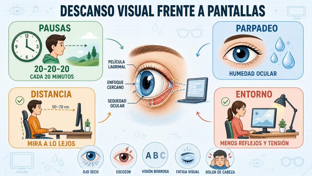 Pausas, parpadeo, distancia y entorno ayudan a prevenir fatiga visual.