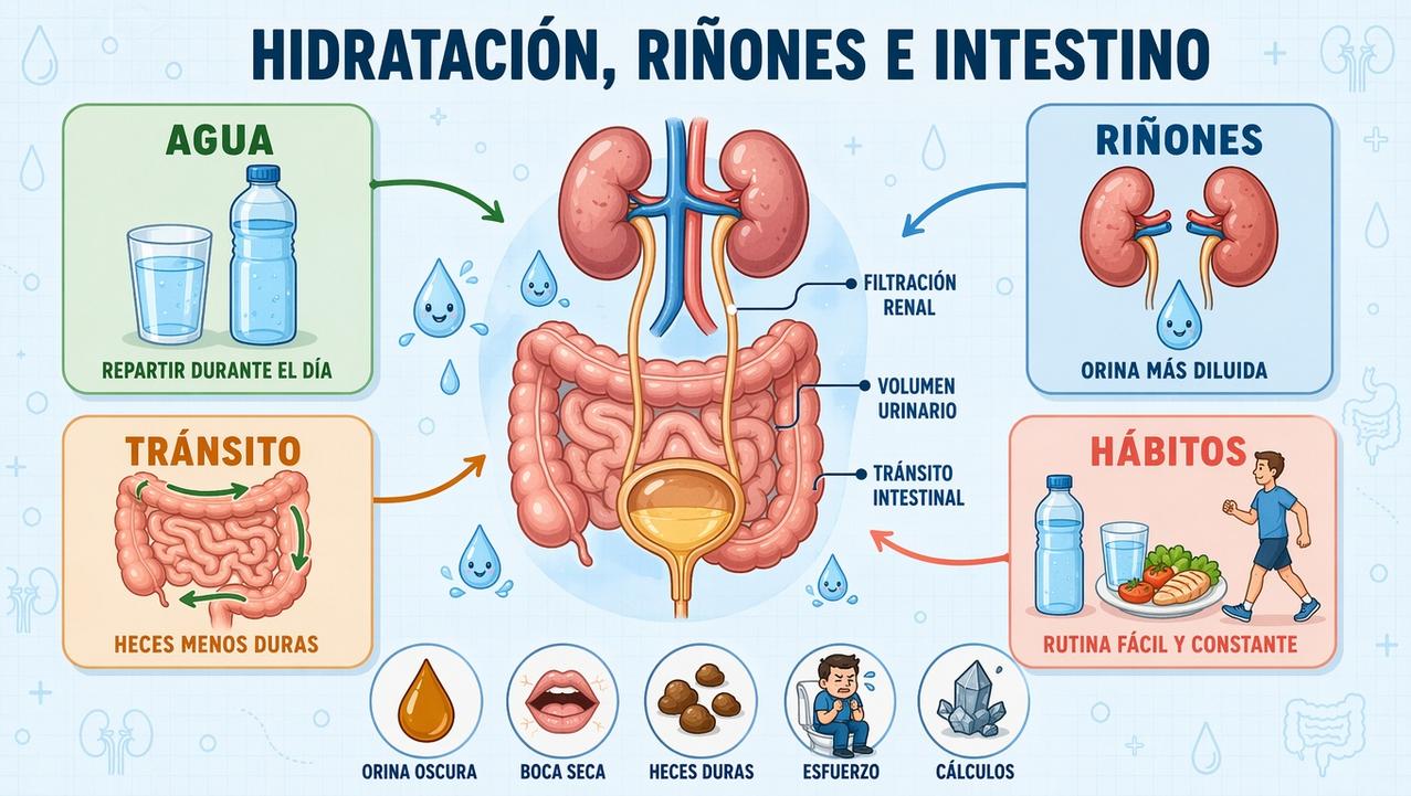 Cuatro pilares de hidratación para cuidar riñones, orina y estreñimiento.