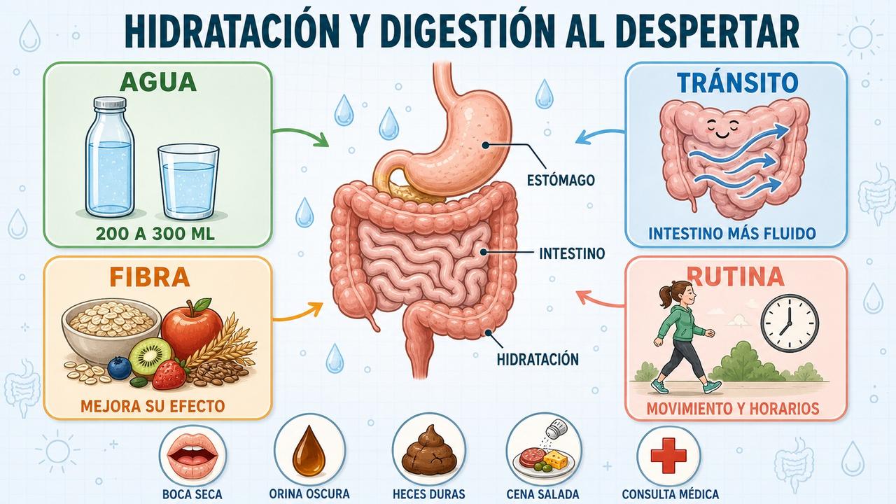 Agua, fibra, tránsito y rutina sostienen una mejor digestión matinal.