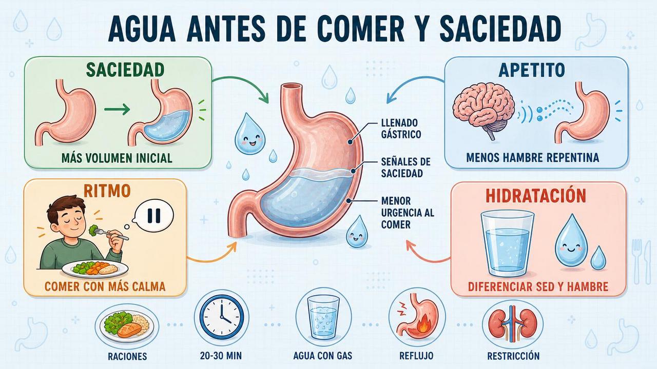 Saciedad, apetito, ritmo e hidratación: claves del agua antes de comer.