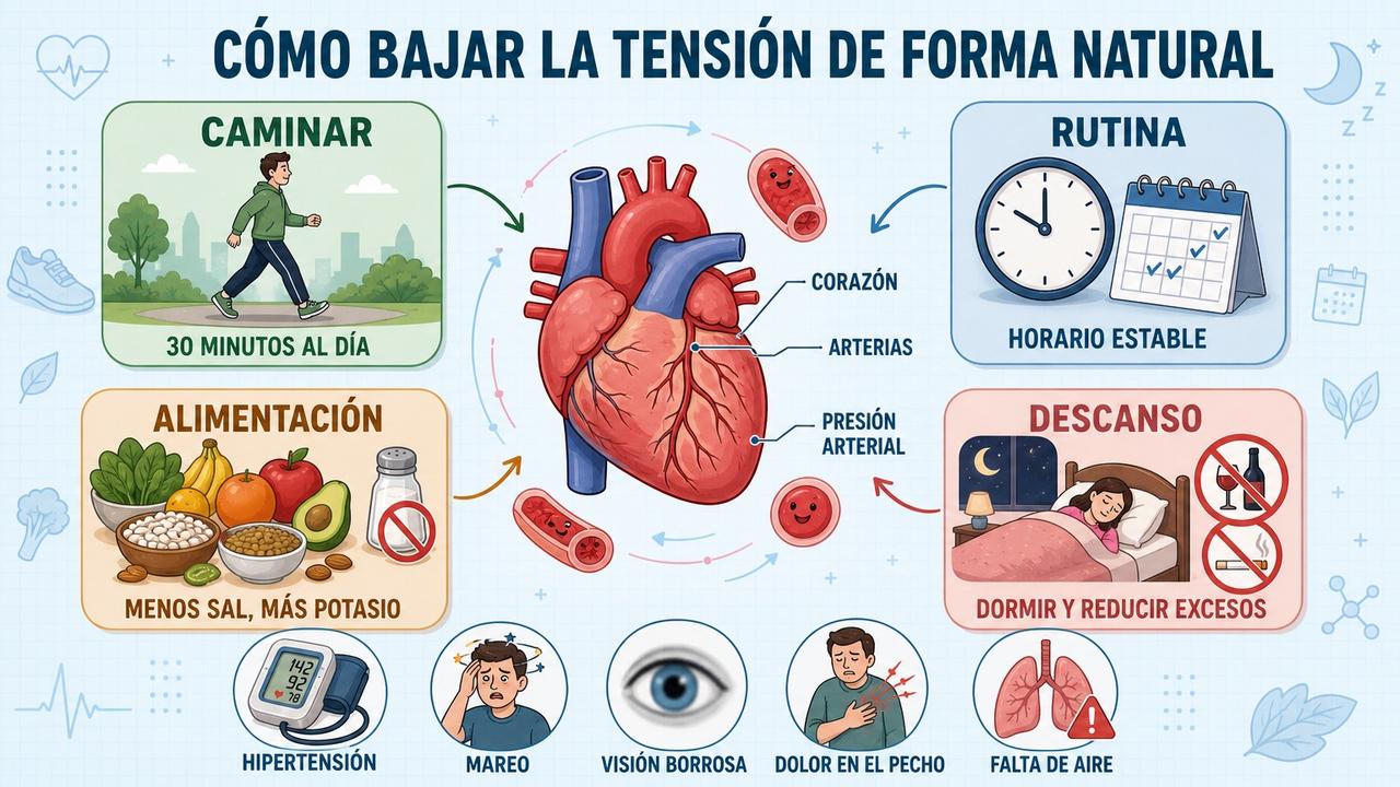 Caminar, rutina, alimentación y descanso refuerzan el control natural de la tensión.