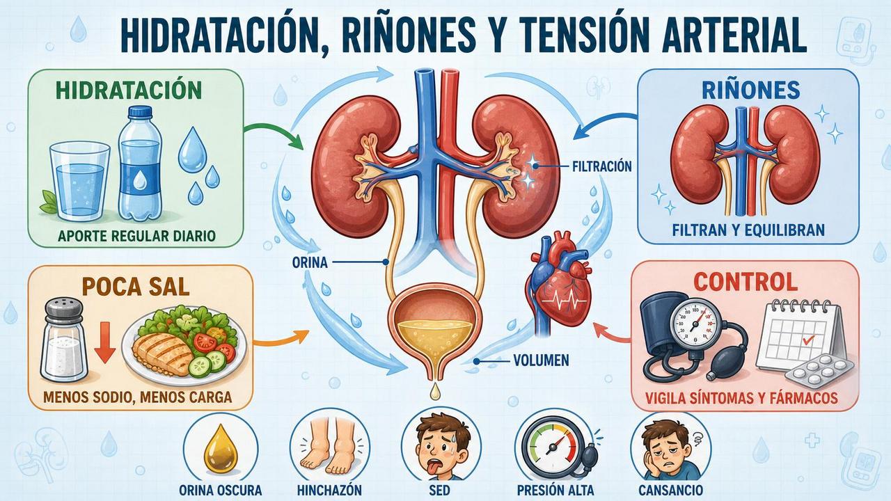 Cuatro pilares para cuidar hidratación, función renal y tensión arterial.