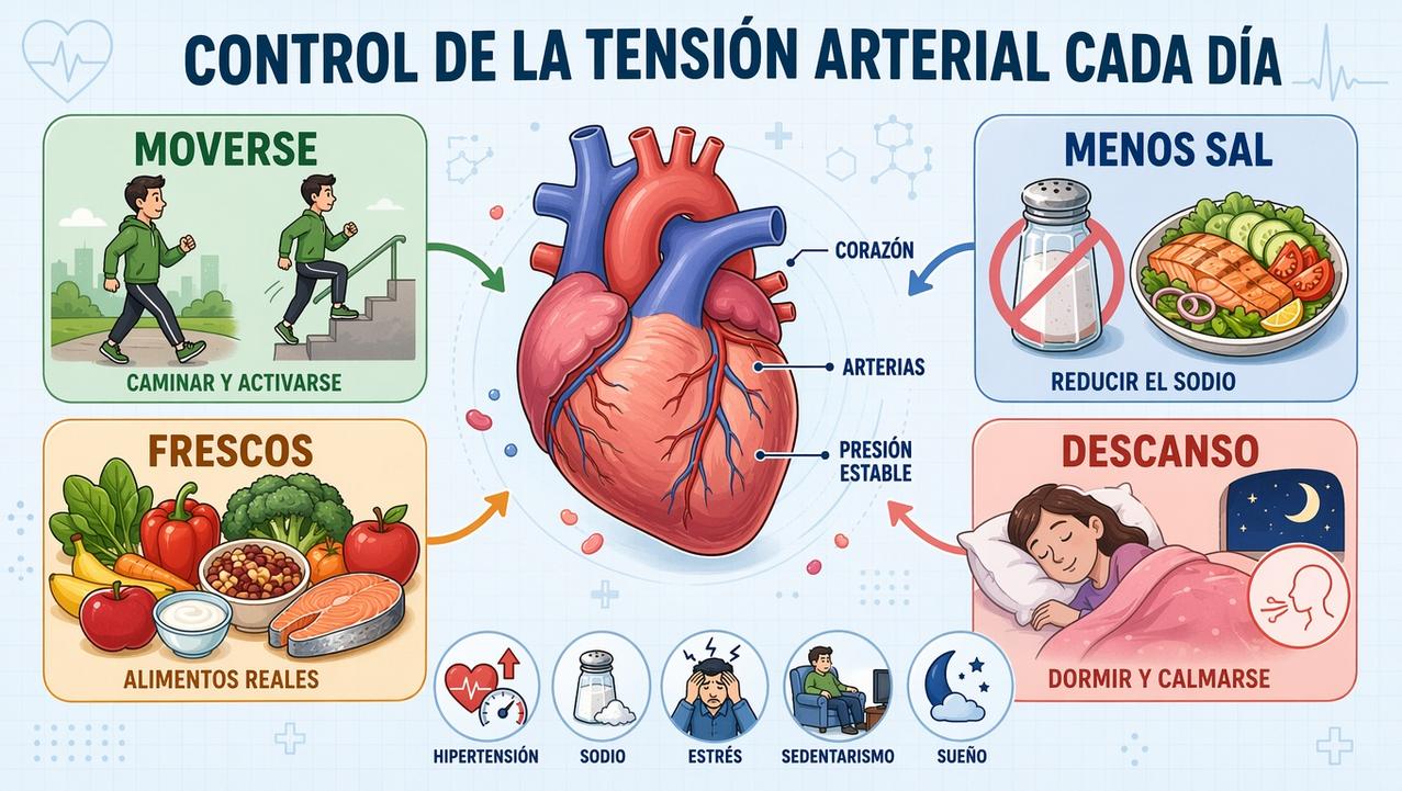 Movimiento, menos sal, alimentos frescos y descanso sostienen una tensión más estable.