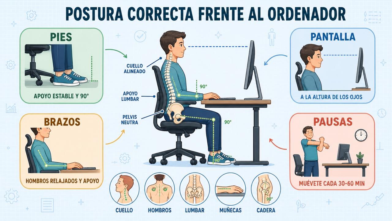 Pies, pantalla, brazos y pausas: claves para sentarse sin dolor.