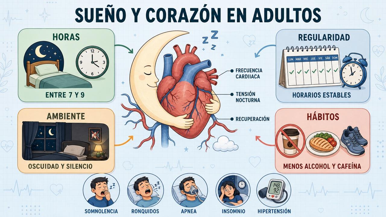 Horas, regularidad, ambiente y hábitos sostienen un descanso cardioprotector.