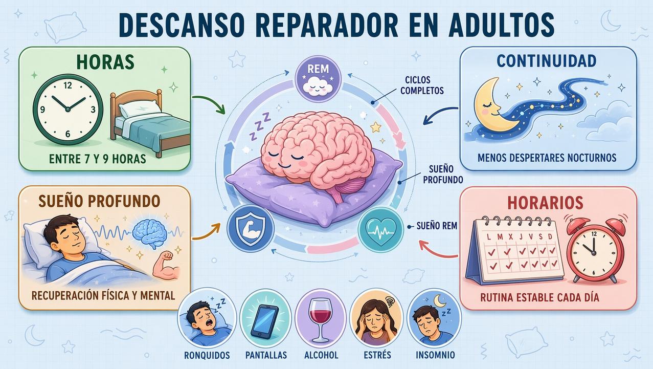 Horas, continuidad, sueño profundo y horarios estables sostienen un descanso reparador.
