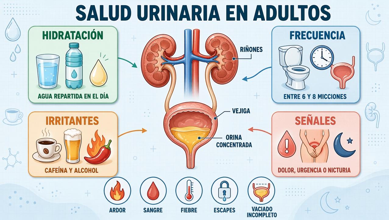 Hidratación, frecuencia, irritantes y señales de alerta sostienen la salud urinaria.