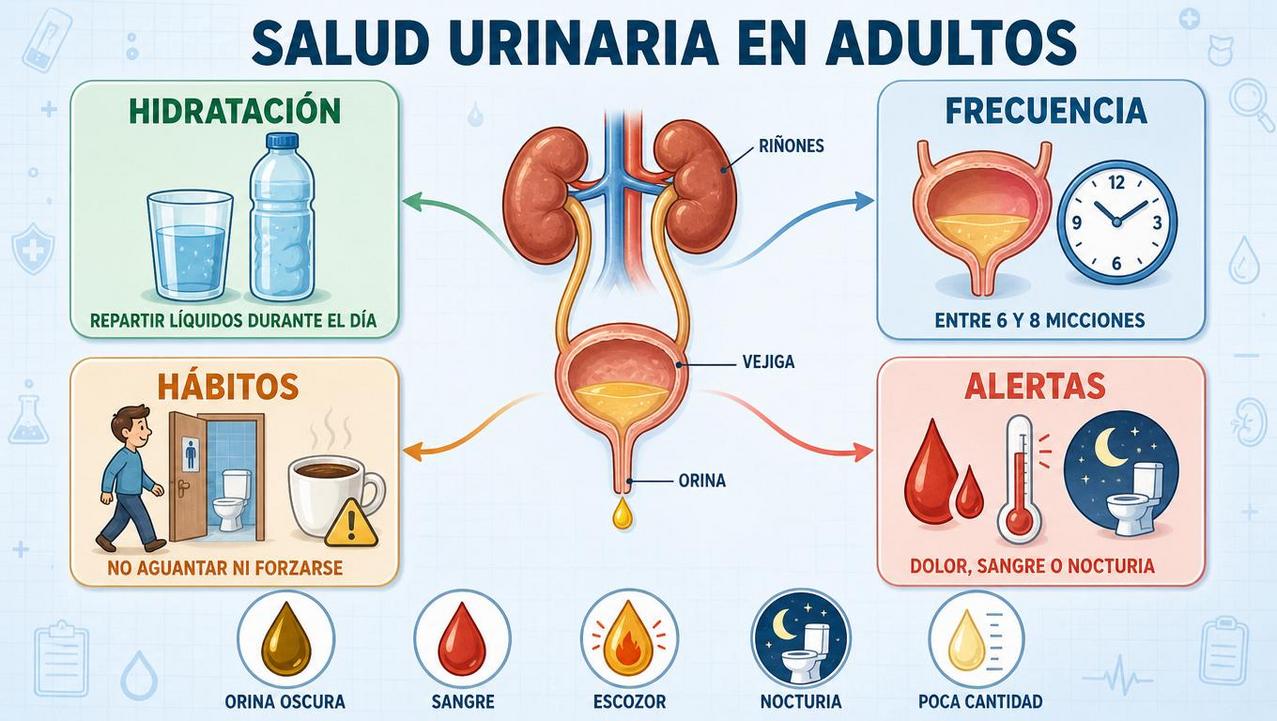 Hidratación, frecuencia, hábitos y señales de alerta resumen la salud urinaria.