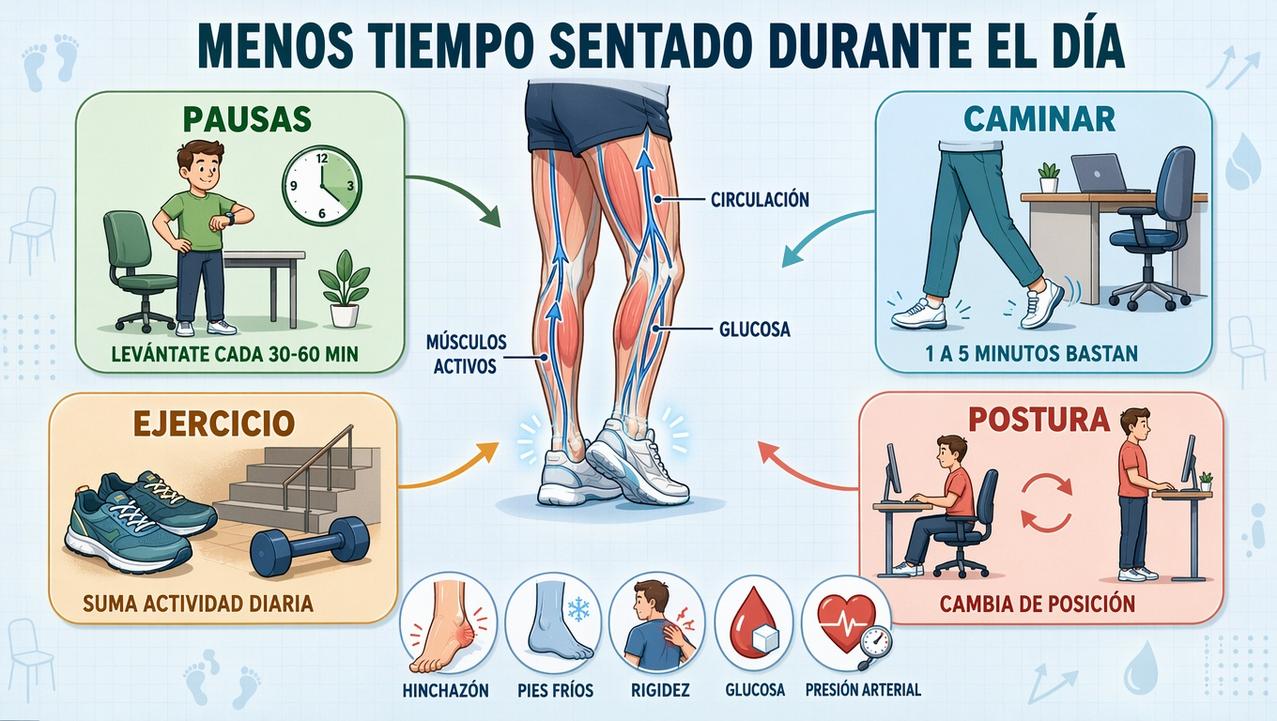 Pausas, pasos, ejercicio y cambios posturales protegen circulación, glucosa y musculatura.