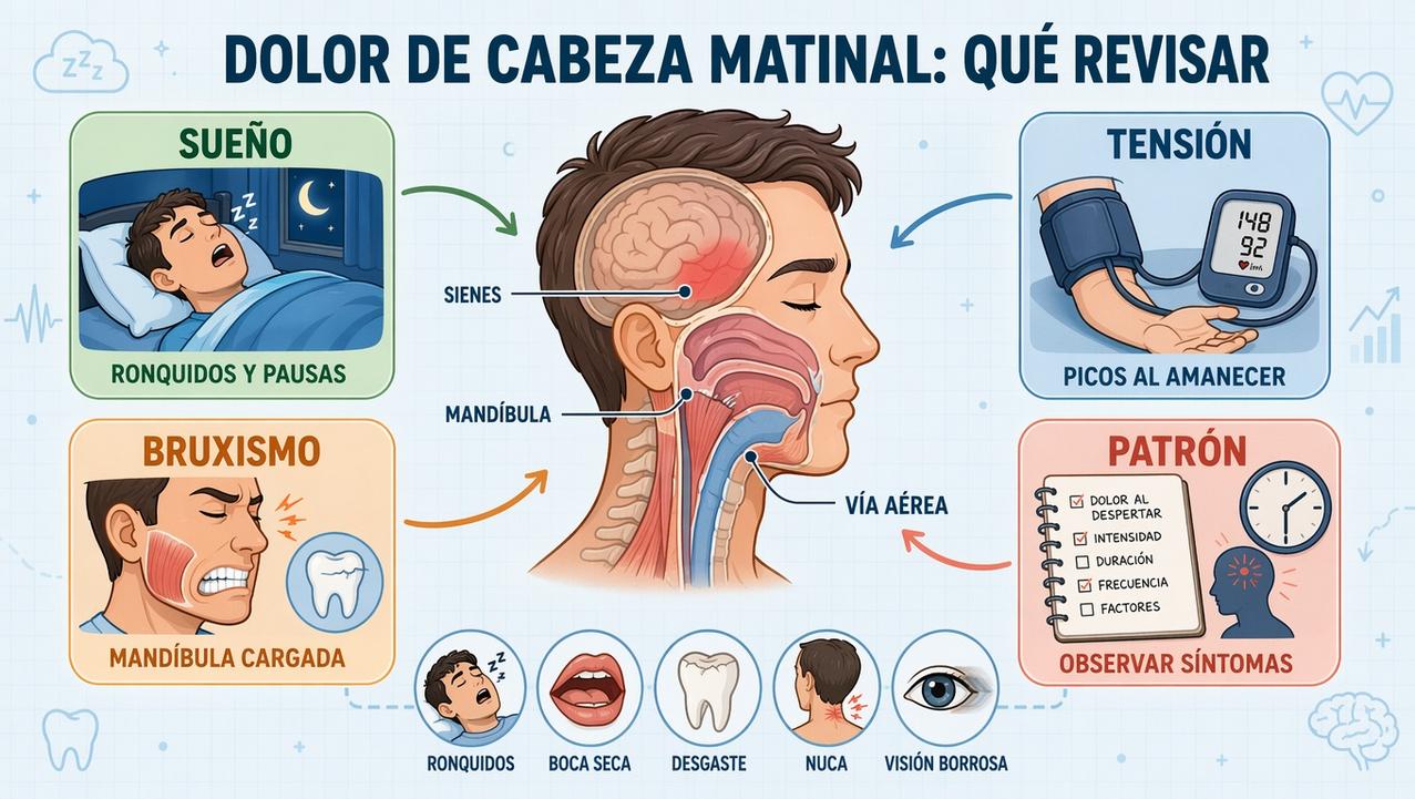 Sueño, tensión, bruxismo y patrón del dolor orientan la causa.