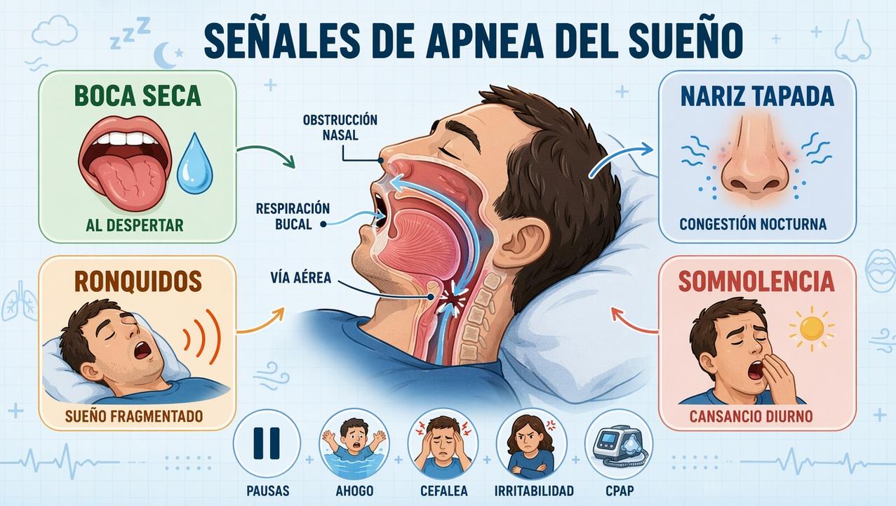 Cuatro señales clave de apnea: boca seca, congestión, ronquidos y somnolencia.