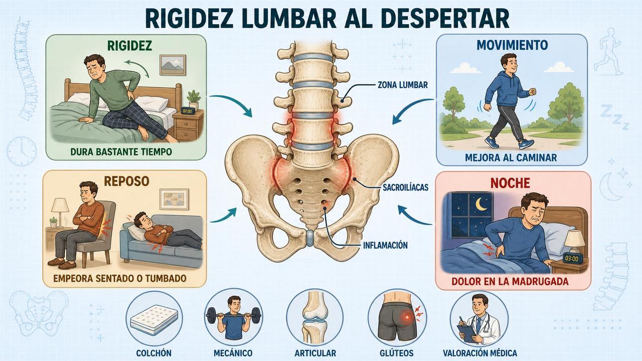 Cuatro señales clave para distinguir rigidez lumbar inflamatoria del dolor mecánico.