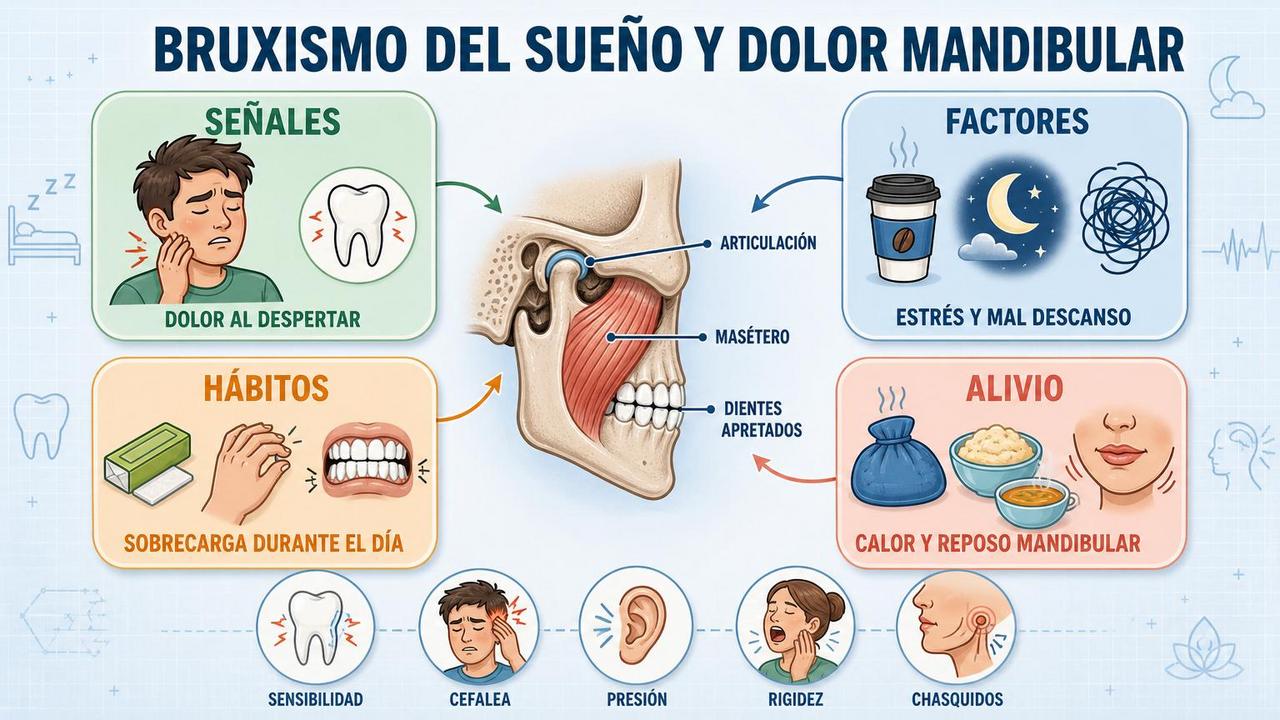 Señales, factores, hábitos y alivio del bruxismo con dolor mandibular.