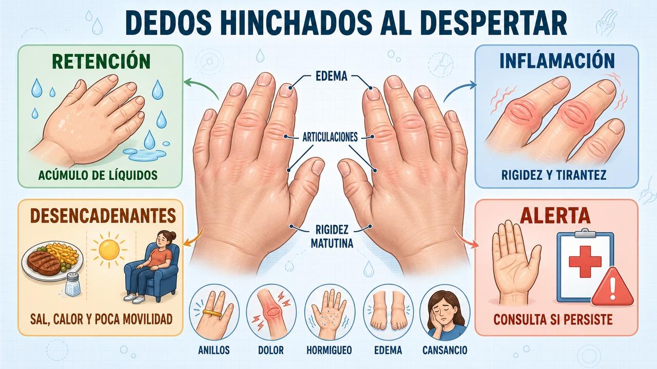 Retención, inflamación, desencadenantes y signos de alerta en dedos hinchados.