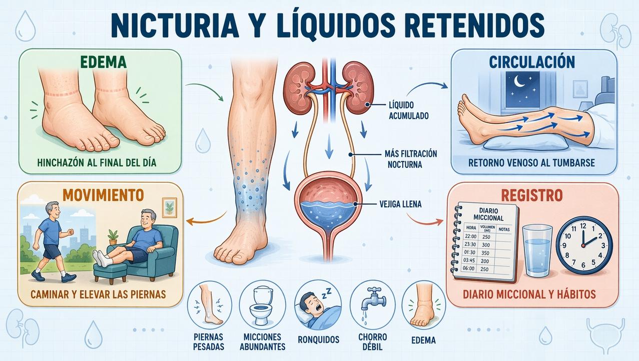 Edema, circulación, movimiento y registro ayudan a entender la nicturia.