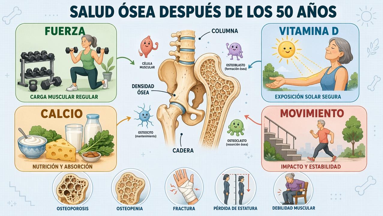 Fuerza, vitamina D, calcio y movimiento sostienen la salud ósea después de los 50.