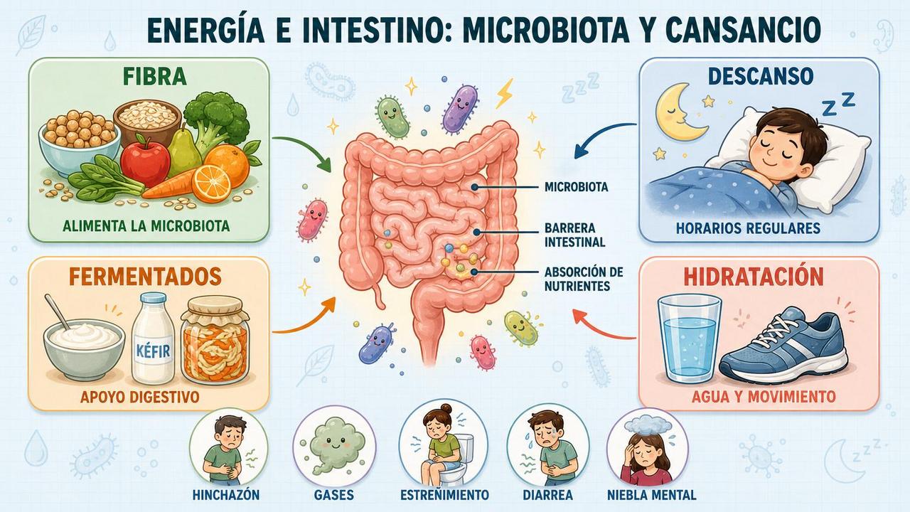 Fibra, descanso, fermentados e hidratación apoyan energía y equilibrio intestinal.