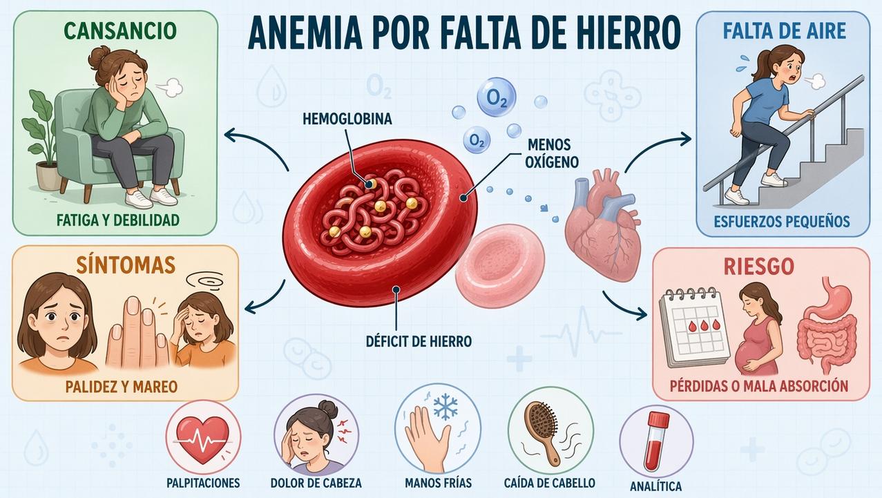 Cansancio, falta de aire, síntomas asociados y factores de riesgo del hierro.