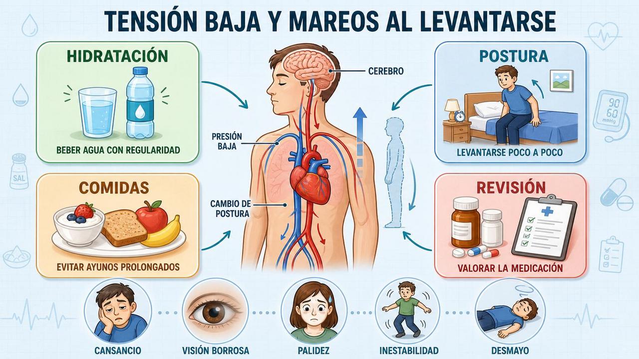 Hidratación, postura, comidas y revisión médica ayudan a controlar la tensión baja.