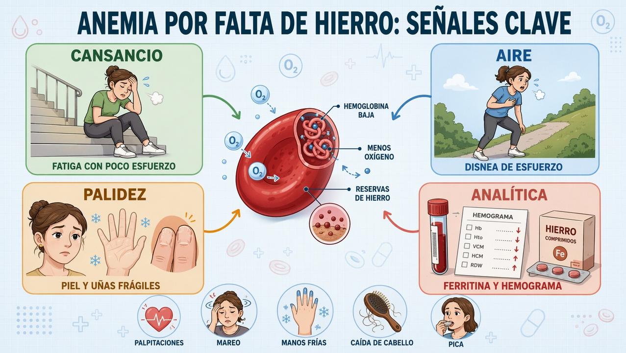 Cansancio, disnea, palidez y analítica orientan el diagnóstico de ferropenia.