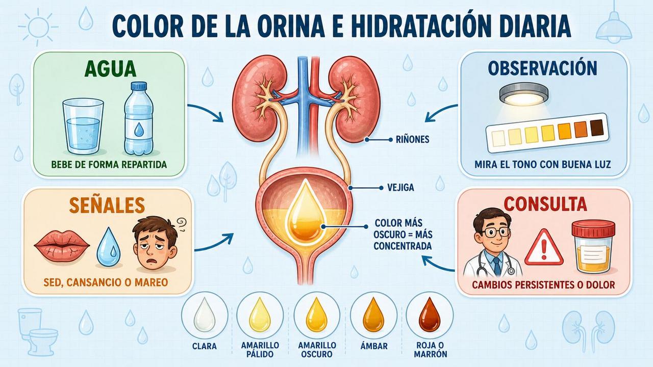 Agua, observación, señales y consulta para interpretar mejor la orina.
