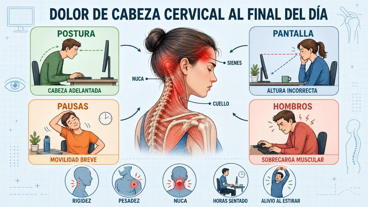 Postura, pantalla, pausas y hombros explican gran parte del dolor cervical.