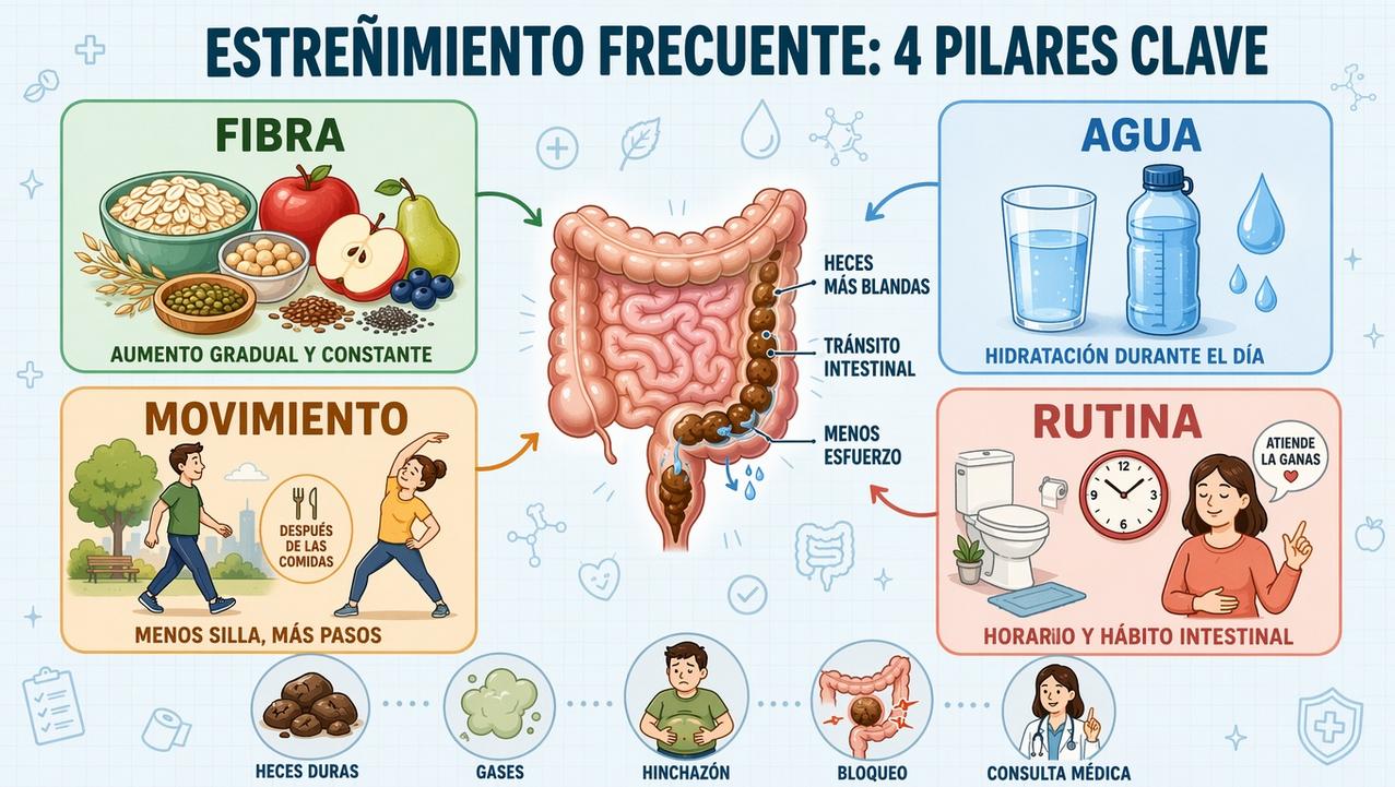 Fibra, hidratación, movimiento y rutina intestinal sostienen un tránsito más regular.