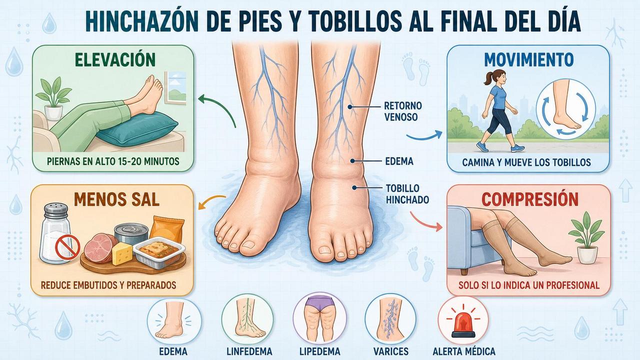Elevar, mover, reducir sal y usar compresión orientada ayuda a aliviar el edema.