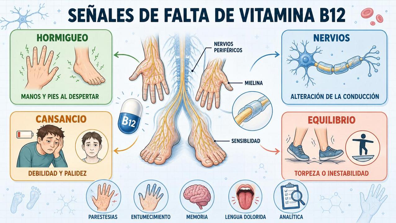 Hormigueo, nervios, cansancio y equilibrio: claves para sospechar falta de B12.