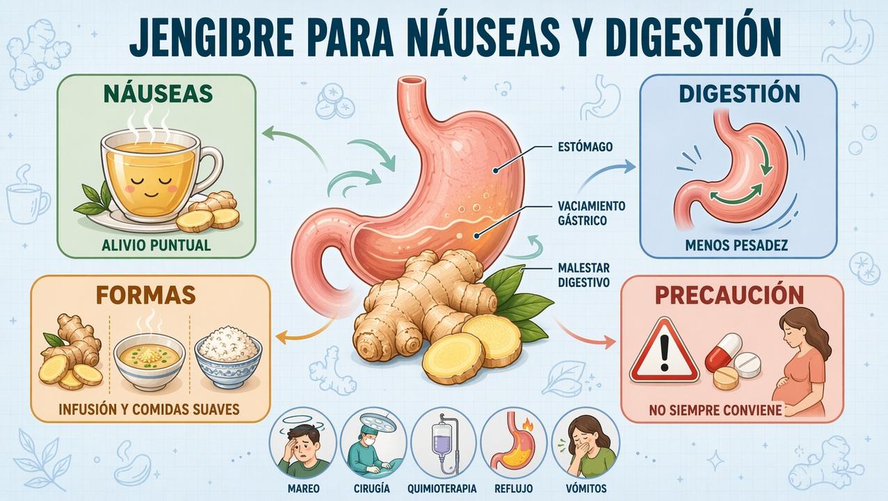 Infografía sobre náuseas, digestión, formas de uso y precauciones del jengibre.