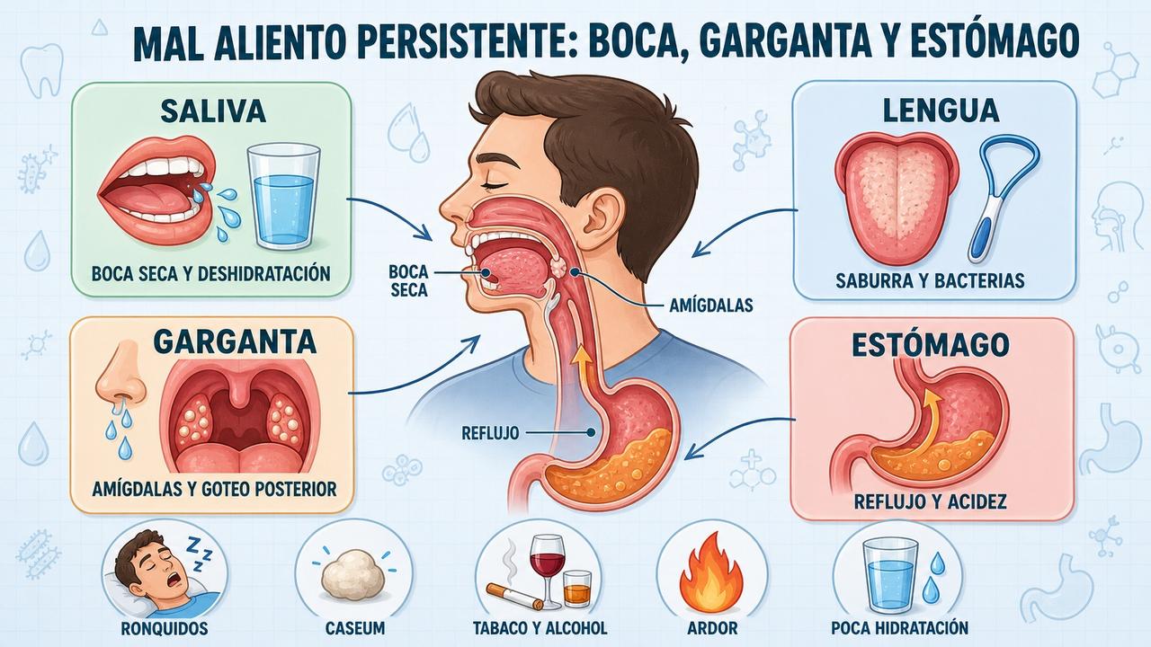 Saliva, lengua, garganta y estómago: cuatro claves del mal aliento.