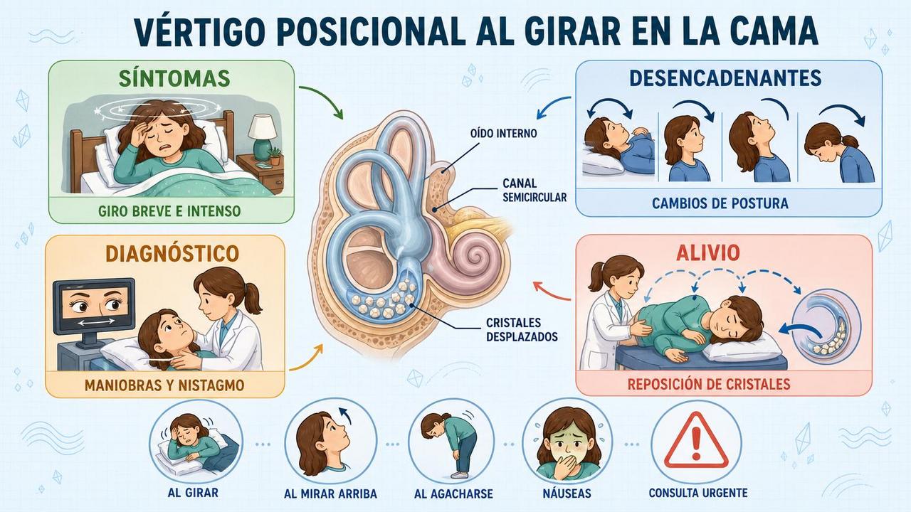 Síntomas, desencadenantes, diagnóstico y alivio del vértigo posicional por cristales.
