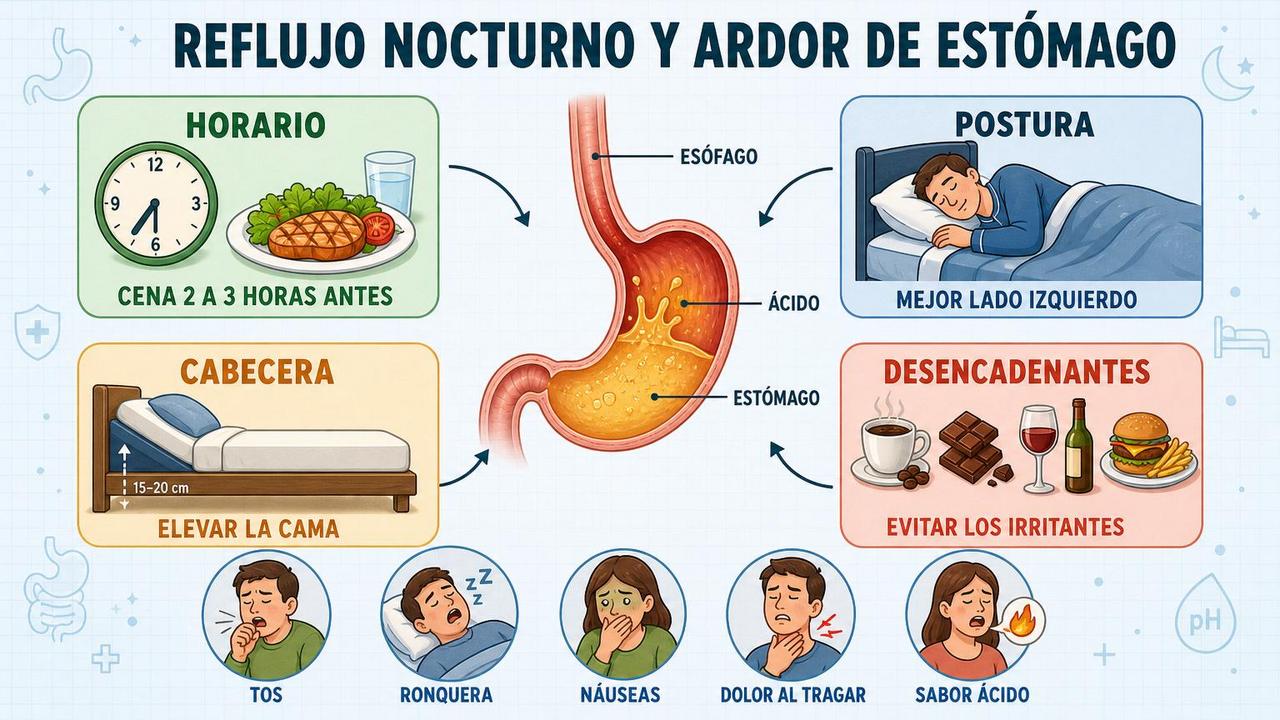 Horario, postura, cabecera y desencadenantes: claves para aliviar el reflujo nocturno.