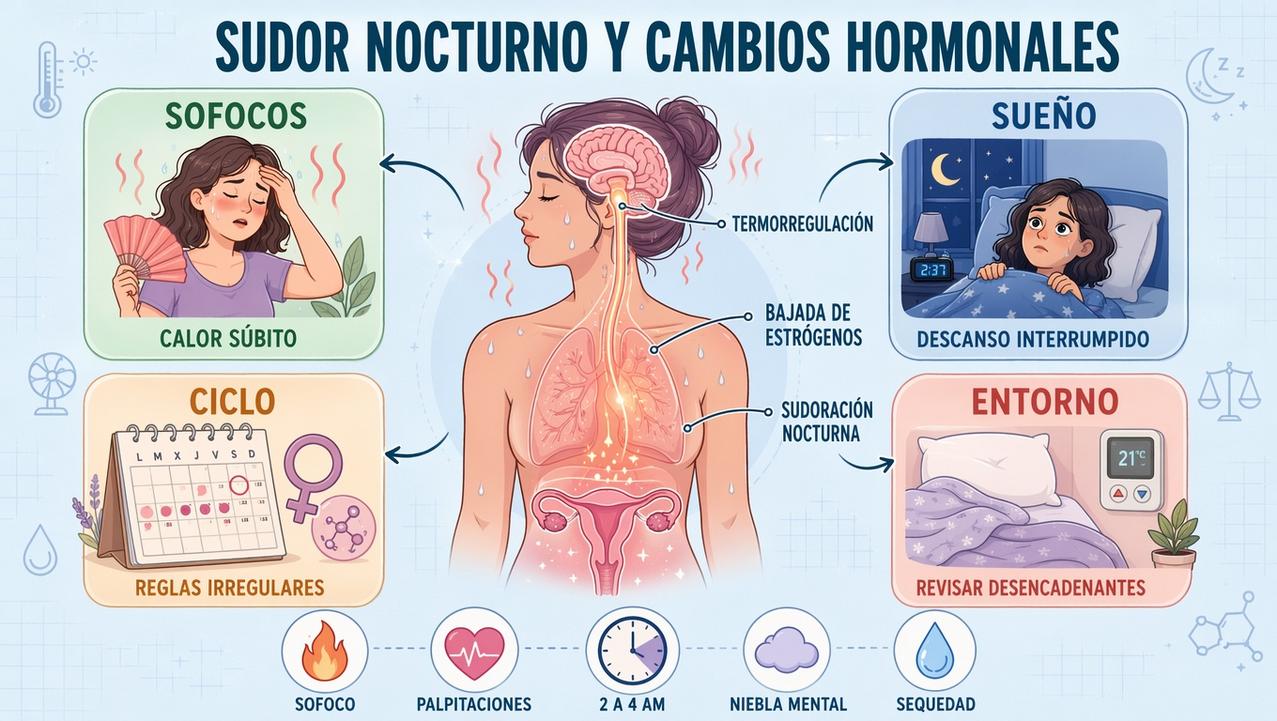 Sofocos, sueño, ciclo y entorno: claves del sudor nocturno hormonal.