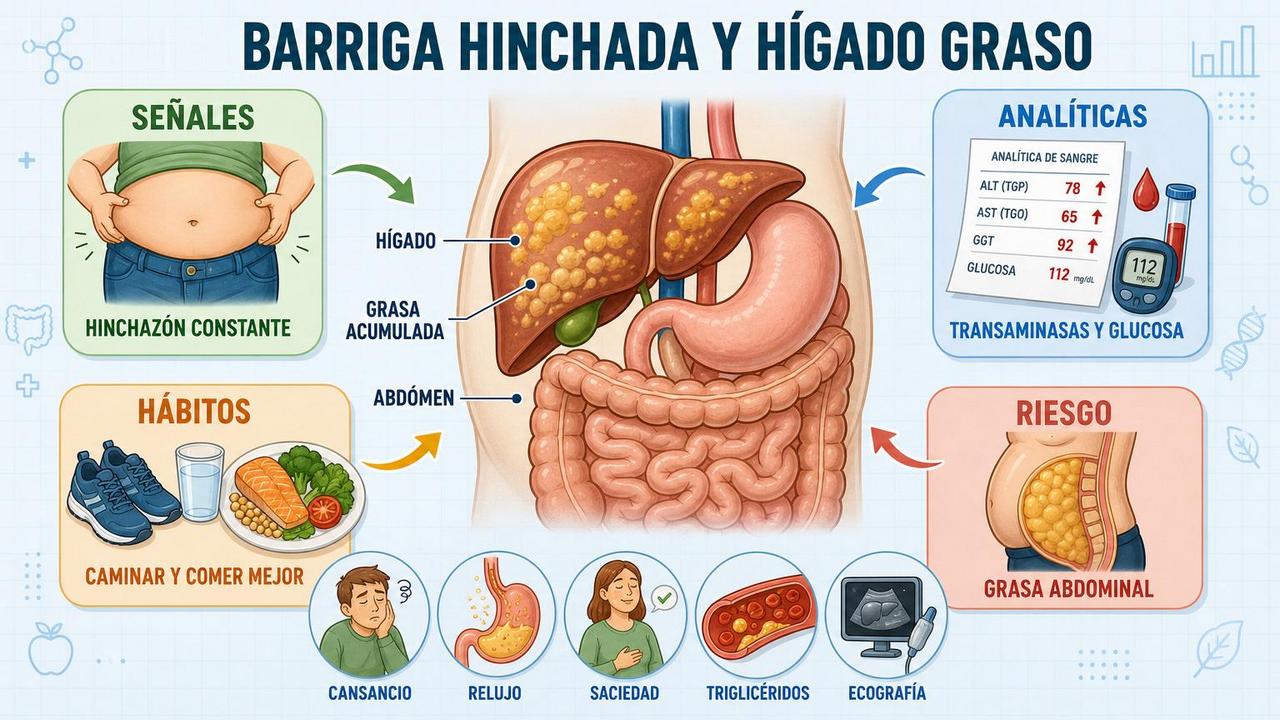 Señales, analíticas, hábitos y riesgo abdominal en la distensión persistente.