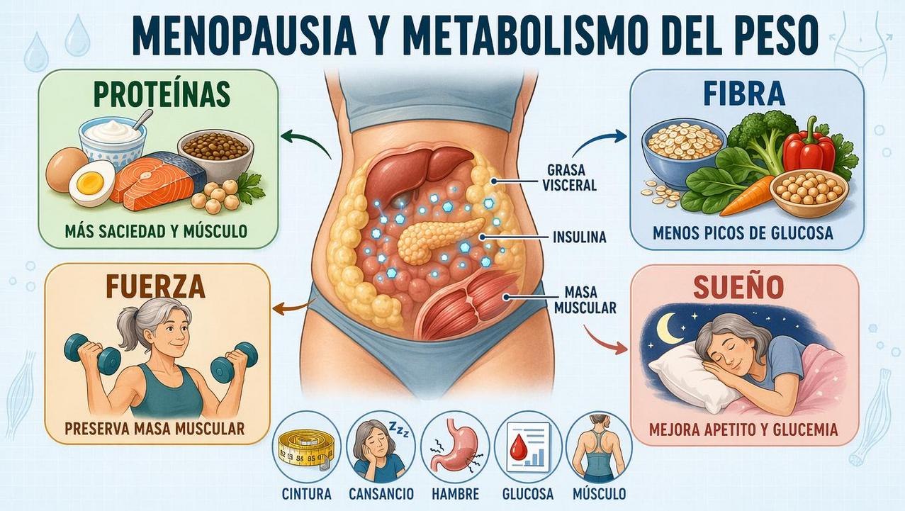 Proteínas, fibra, fuerza y sueño ayudan a mejorar el metabolismo en menopausia.