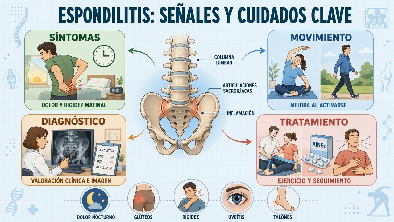 Síntomas, diagnóstico, movimiento y tratamiento para detectar y controlar la espondilitis.