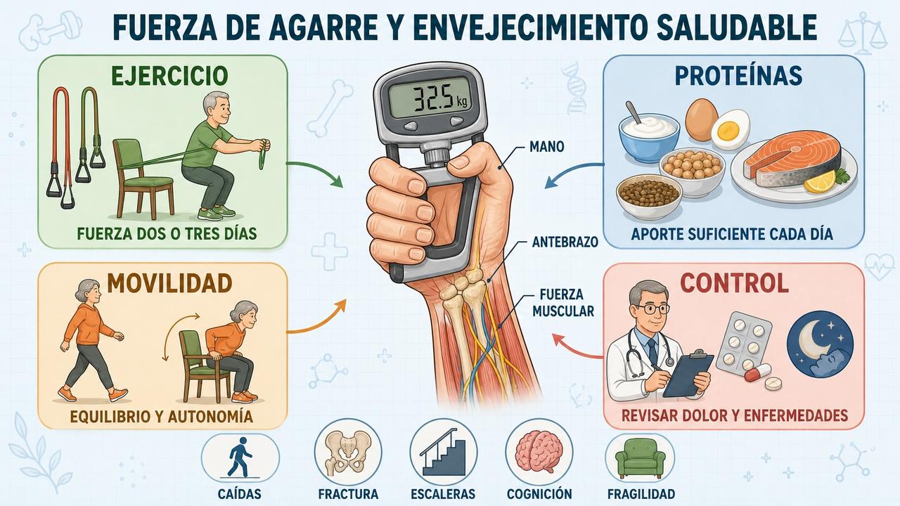 Ejercicio, proteínas, movilidad y control médico sostienen un envejecimiento funcional.