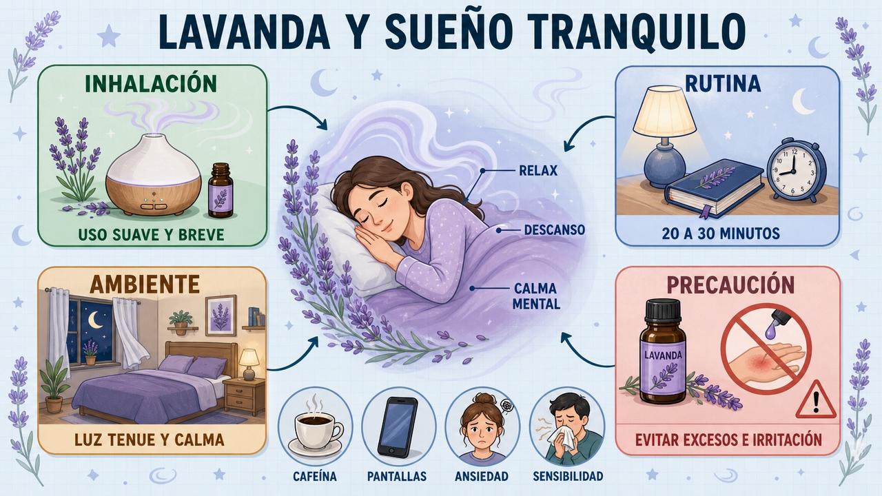 Inhalación, rutina, ambiente y precaución: pilares del uso nocturno de lavanda.