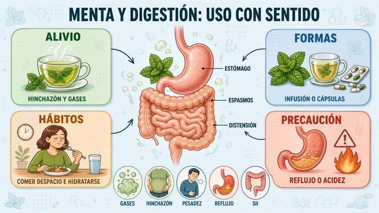 Infografía sobre alivio digestivo, formas de uso, hábitos y precauciones.