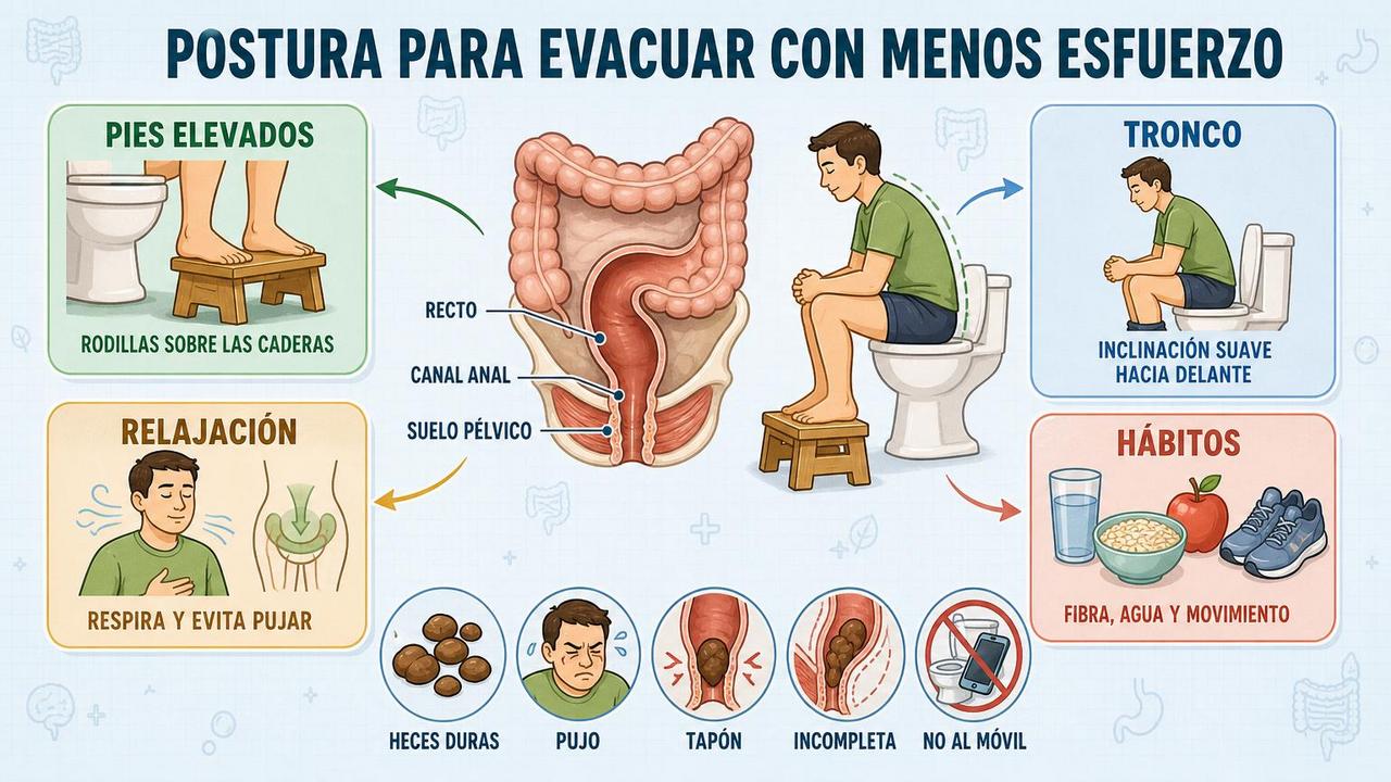 Reposapiés, inclinación, relajación y hábitos intestinales para evacuar mejor.
