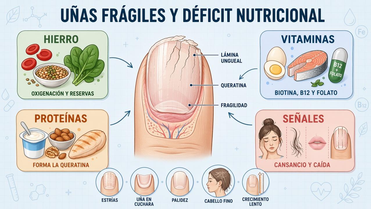 Hierro, vitaminas, proteínas y síntomas asociados explican muchas uñas frágiles.