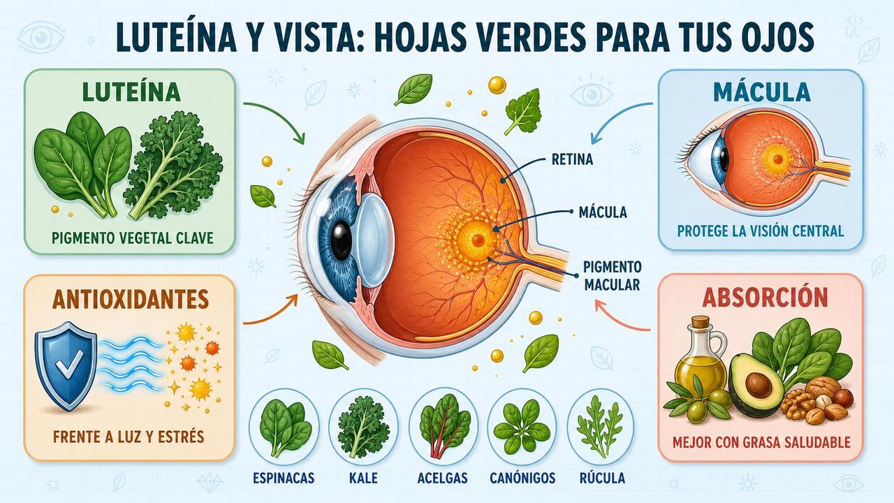Luteína, mácula, antioxidantes y absorción: claves visuales de las verduras verdes.