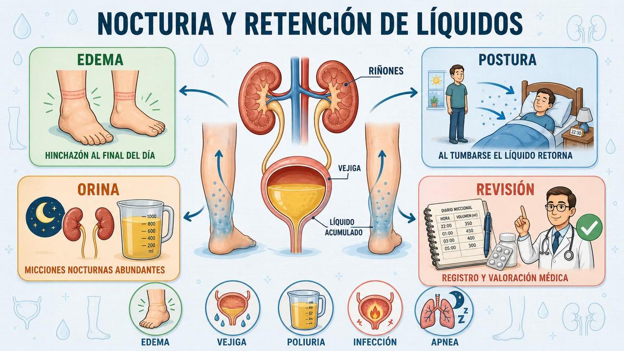 Edema, postura, volumen urinario y revisión médica orientan la nocturia.