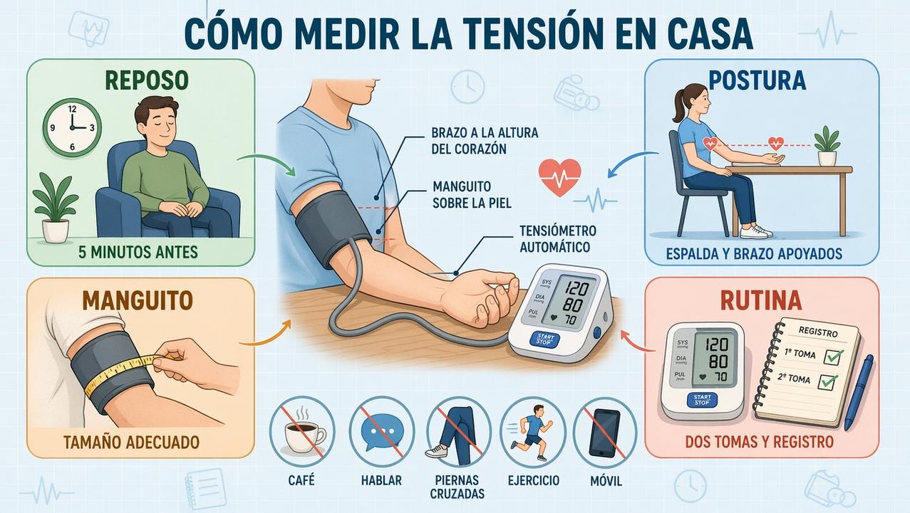 Reposo, postura, manguito y rutina: claves para medir bien la tensión.