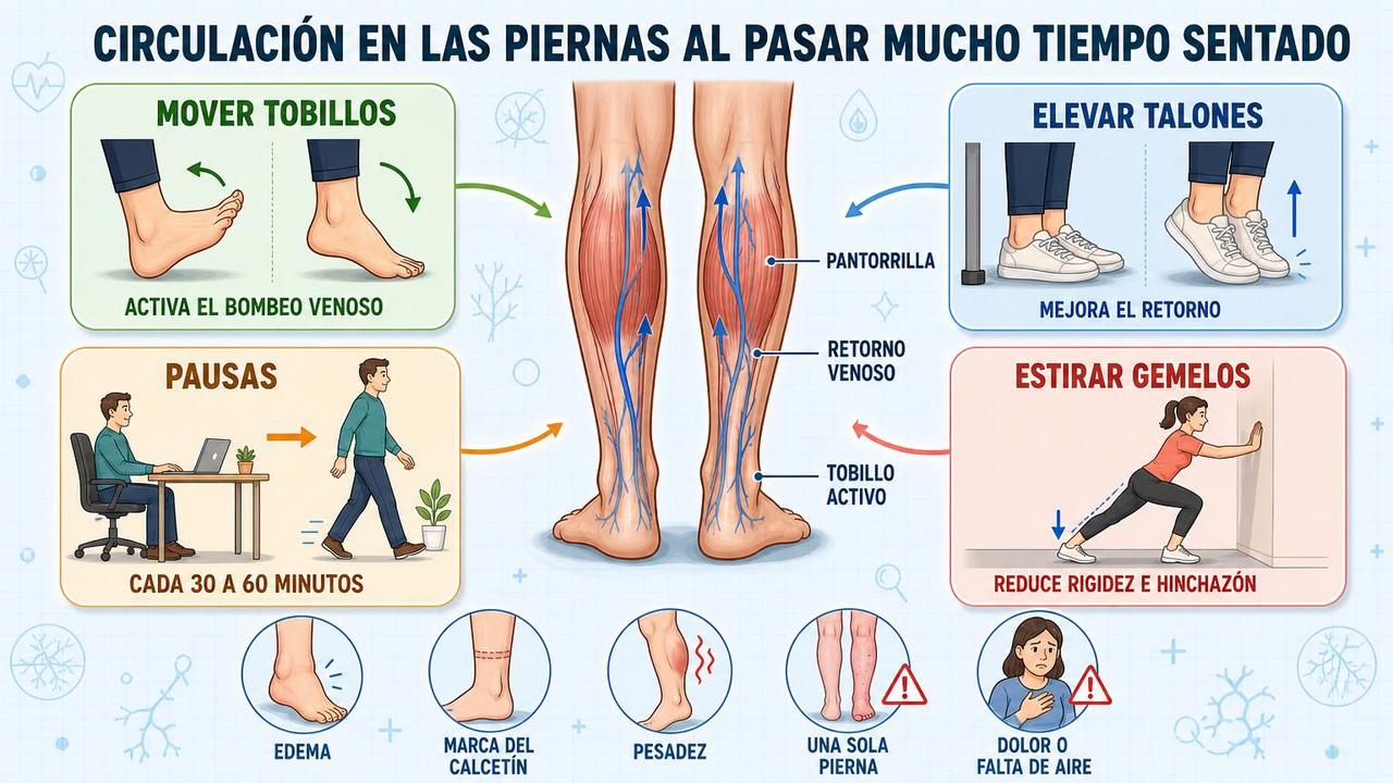 Cuatro gestos clave para activar la circulación y aliviar piernas hinchadas.