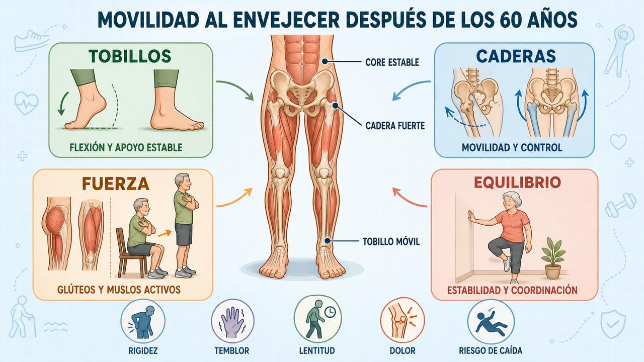 Tobillos, caderas, fuerza y equilibrio sostienen la movilidad al envejecer.