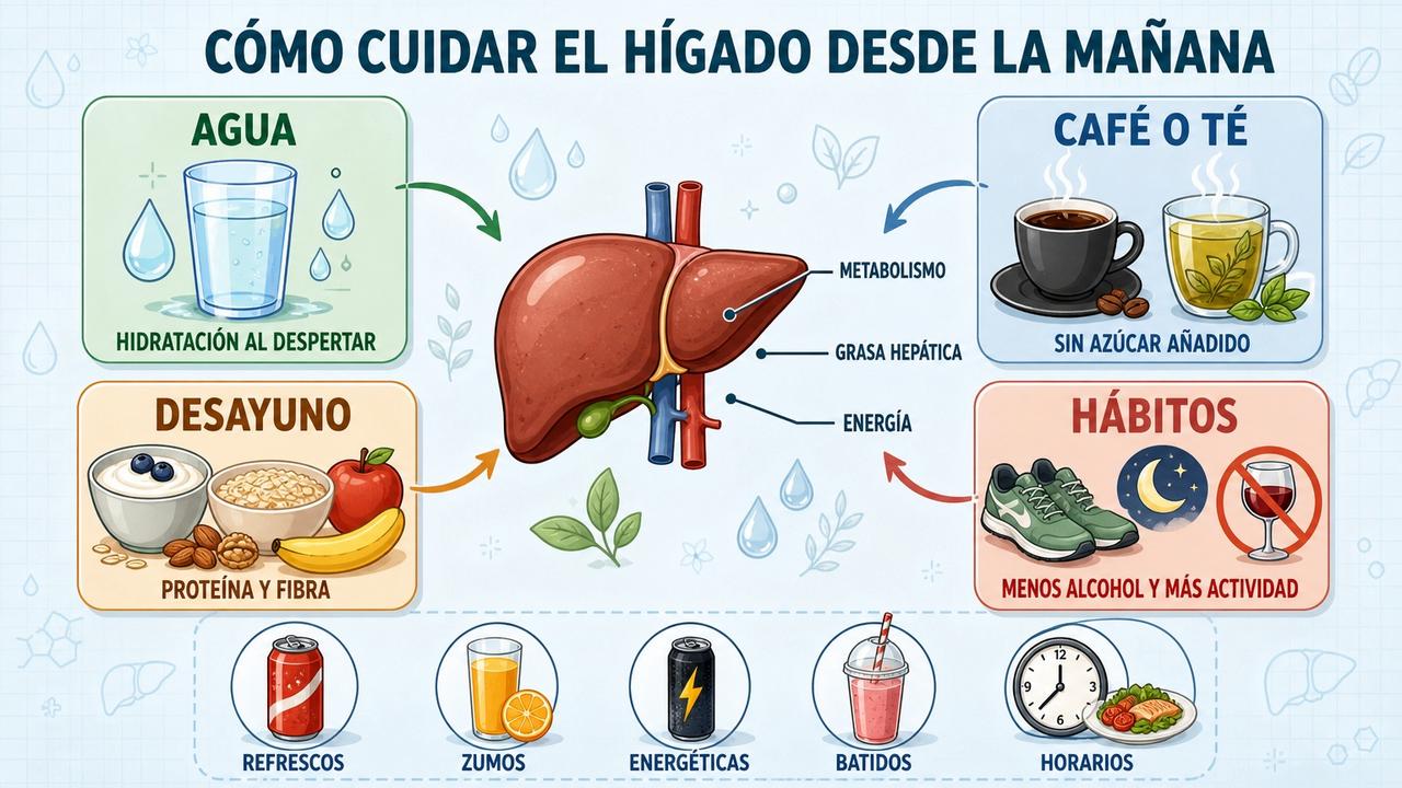 Cuatro pilares matutinos para cuidar el hígado y evitar bebidas azucaradas.