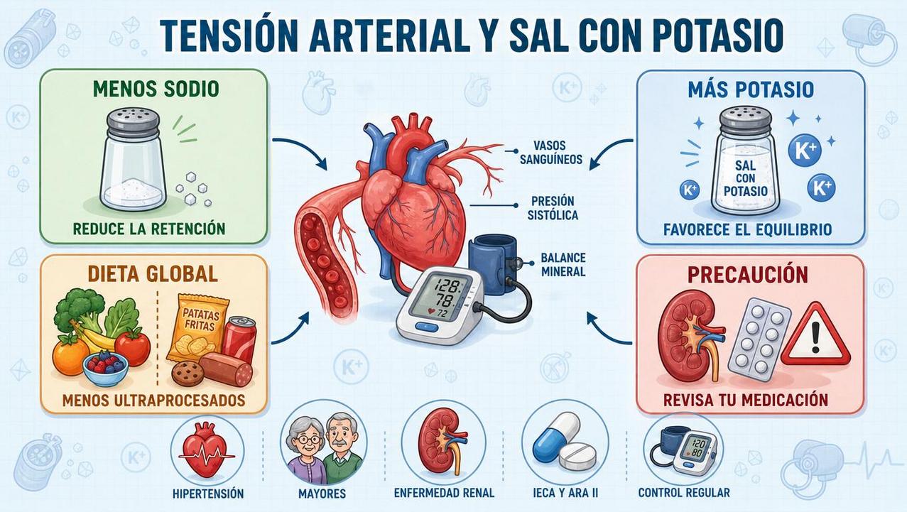 Menos sodio, más potasio, dieta global y precauciones clínicas explicadas visualmente.