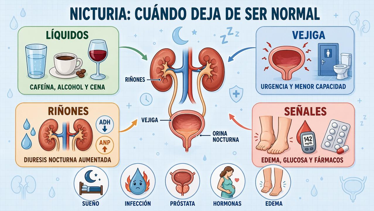 Líquidos, vejiga, riñones y señales asociadas explican la nicturia frecuente.